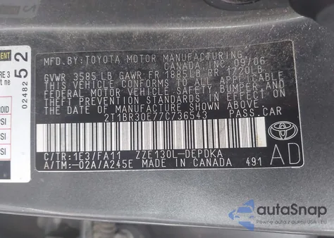 2007 Toyota Corolla Ce из США, поврежденный, VIN 2T1BR30E77C736543